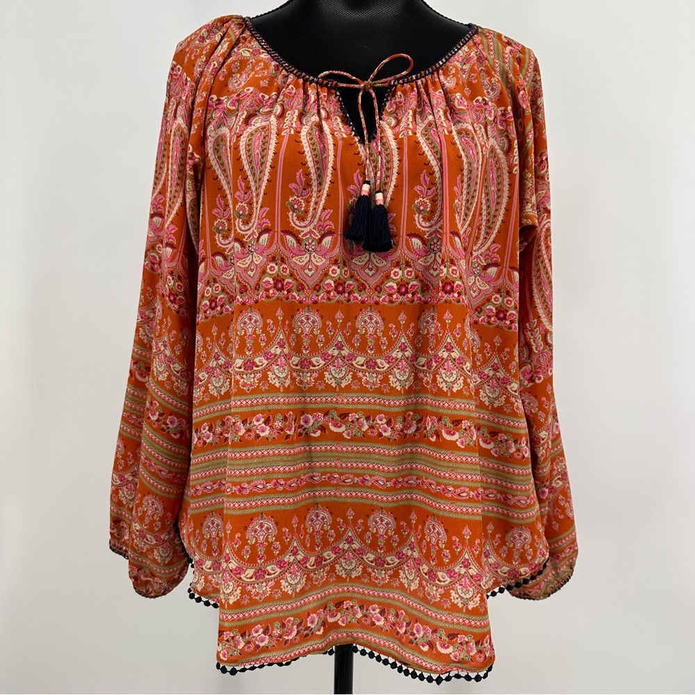 Calypso St. Barth Tassel Tie Paisley Long Sleeve Silk Blouse Burnt Orange Size M